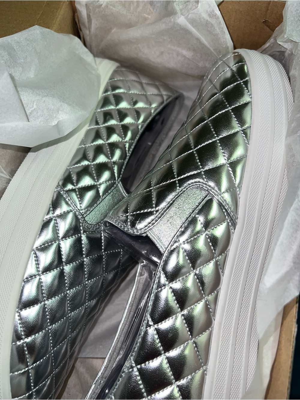 Skechers Metallic Silver Quilted Slip-On Women’s Sneakers